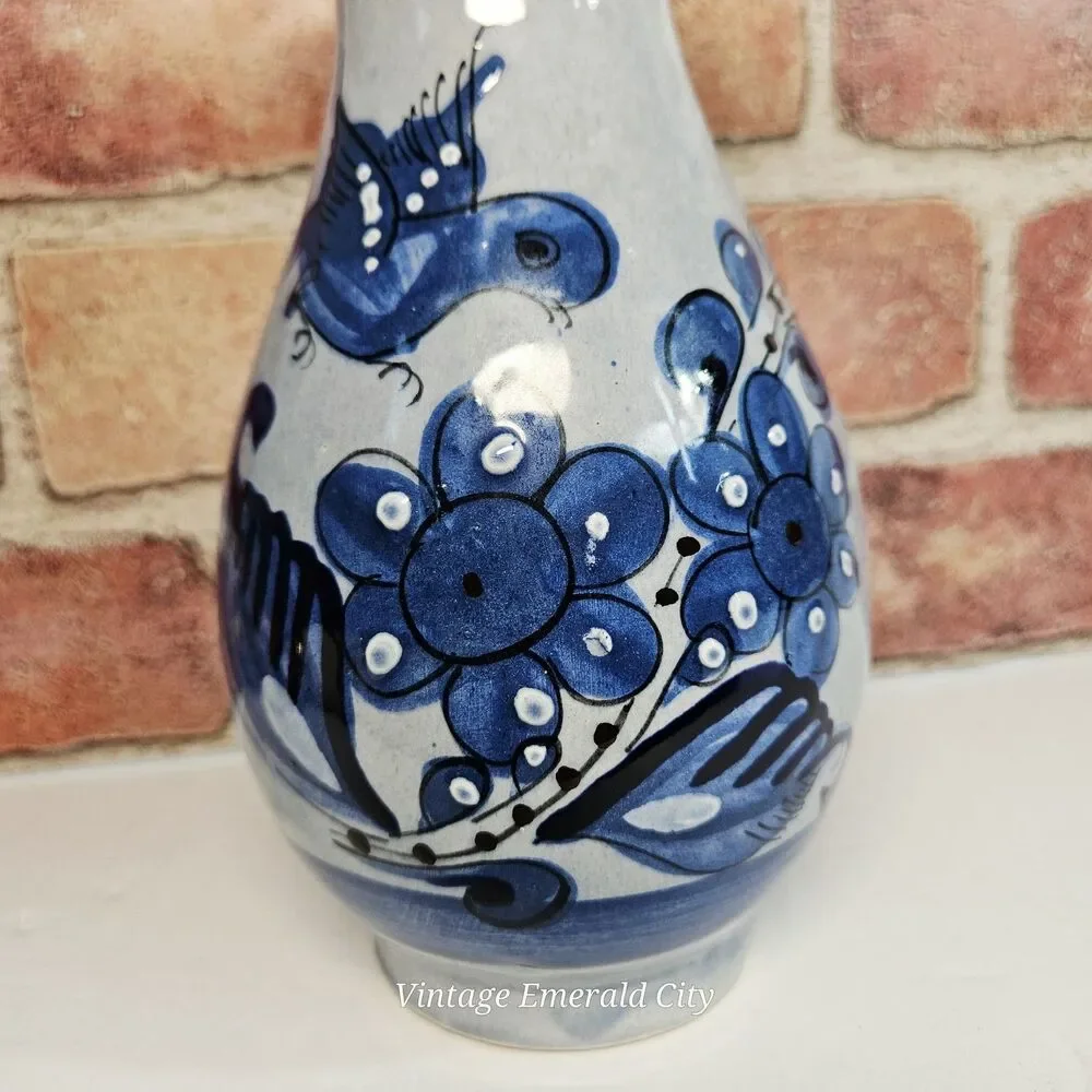 Vtg Tonalá Mexico Pottery Vase Signed AJM Hand-Painted Blue Bird Folk Art